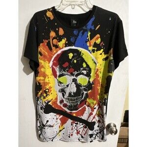 XS Unisex Size L Black Skull Rhinestone Graphic Tee Crew Neck Cotton Poly Knit